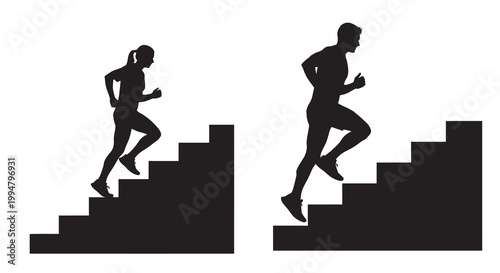 Silhouettes of a man and woman running up separate staircases