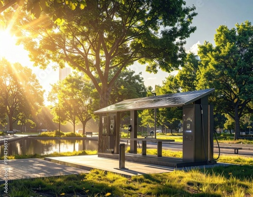 Solar powered electric vehicle charging station in a lush green city park at sunset, sustainable energy infrastructure, renewable power, eco transportation