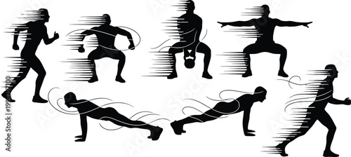 Dynamic Fitness Workout Silhouettes for HIIT Functional Training and Running Exercise Icon Set with Motion Lines for Gym Marketing