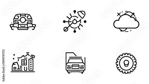 Technological Innovation Icons: A set of six modern vector icons, each representing different aspects of technological advancement and innovation in a clean, minimalist style.