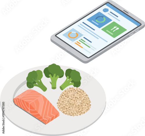 Isometric vector illustration featuring a plate of salmon, broccoli, and grains next to a smartphone displaying a nutrition tracking app with health charts and data.