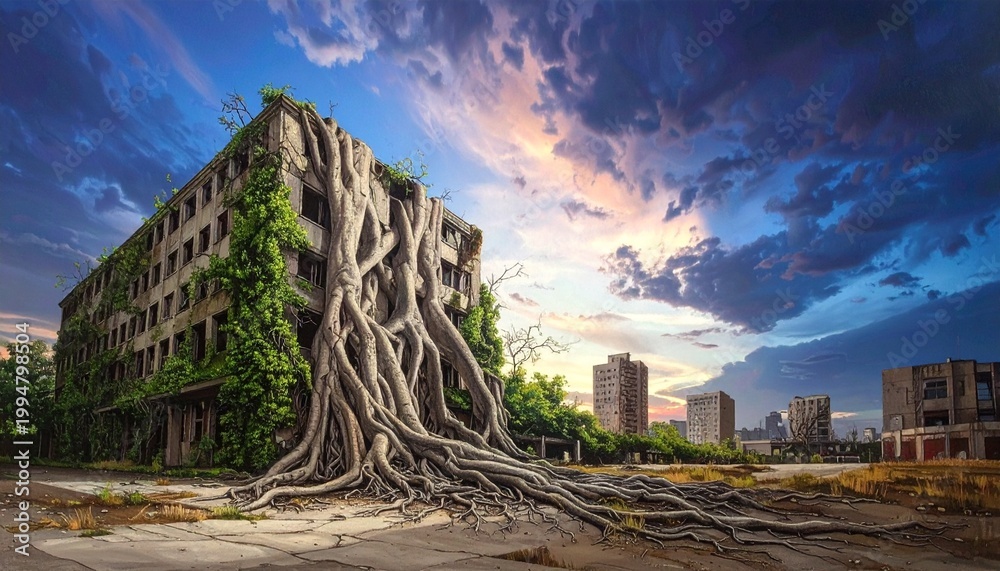 Obraz premium Abandoned urban building overtaken by giant tree roots at dusk with dramatic sky