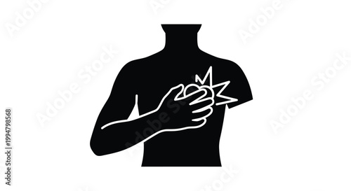 Person clutching chest in pain with a radiating burst design silhouette