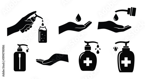 Hand sanitizer pumps and hands depicted in black clean vector illustration silhouette