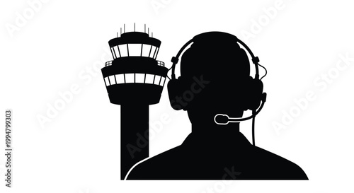 Air traffic controller with headphones and control tower black silhouette
