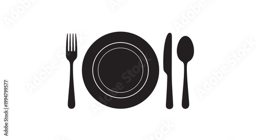 Simple black silhouette of a plate setting with fork knife and spoon