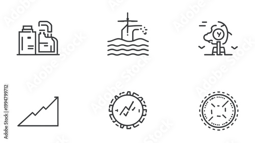 Simplified Industrial Icons: A collection of concise, line-drawn icons representing various facets of industry, economy, and environmental impact.