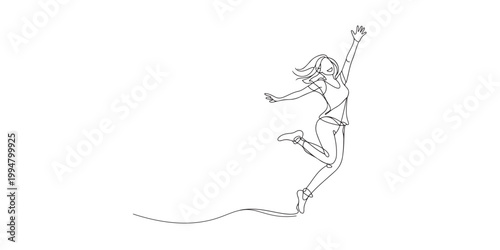 Simple line drawing of a joyful woman celebrating achievement isolated on white background