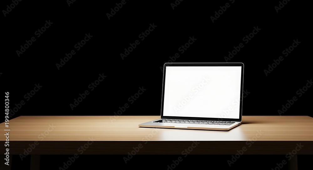 Fototapeta premium Modern Laptop Open on a Wooden Desk with a Black Background.