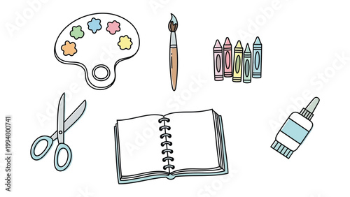 Tableau sur toile Artistic Tools: A charming collection of essential tools for the artist, perfect for inspiring creativity, including a palette, brush, crayons, scissors, sketchbook and glue