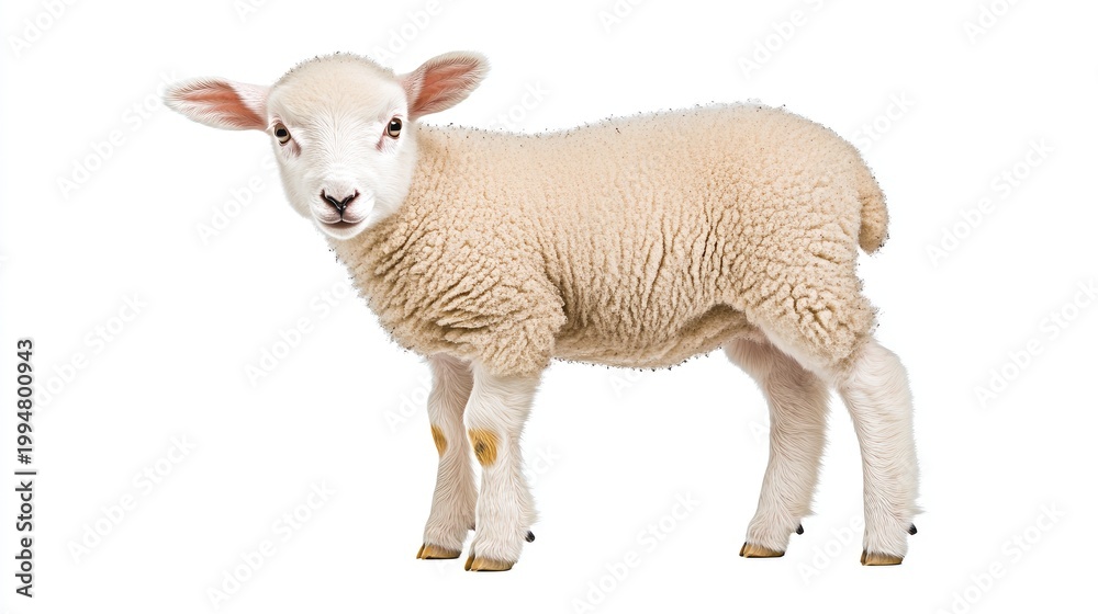 Obraz premium A charming young sheep stands playfully on a pristine white background, capturing its fluffy texture and lively spirit