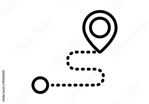 Icono de ruta con marcador de ubicación y línea de puntos negra 