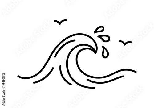 Icono lineal de una ola de mar con gotas de agua y gaviotas