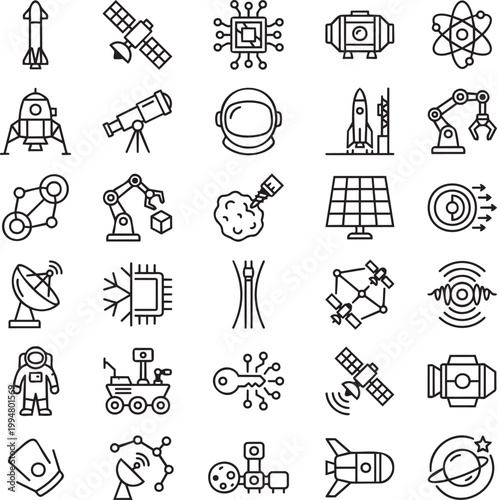 Space Economy and Quantum Computing Line Icons Set, Futuristic Technology Satellite Rocket Minimal Black Outline Vector Icons