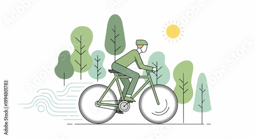 Man riding a bicycle in a park with trees and sun, healthy lifestyle, outdoor activity, eco-friendly transport