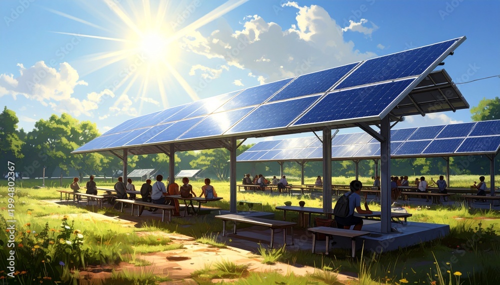 Obraz premium Outdoor solar-powered classroom with students learning under sunlight in nature