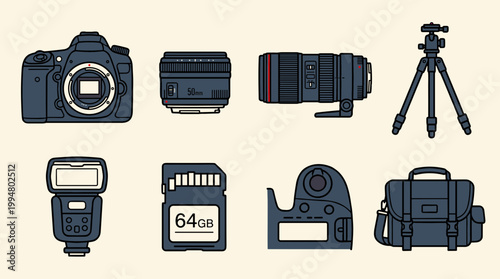 Professional Digital Photography Equipment Collection with Camera Body Lens Telephoto Zoom Tripod External Flash Memory Card Battery Grip and Bag