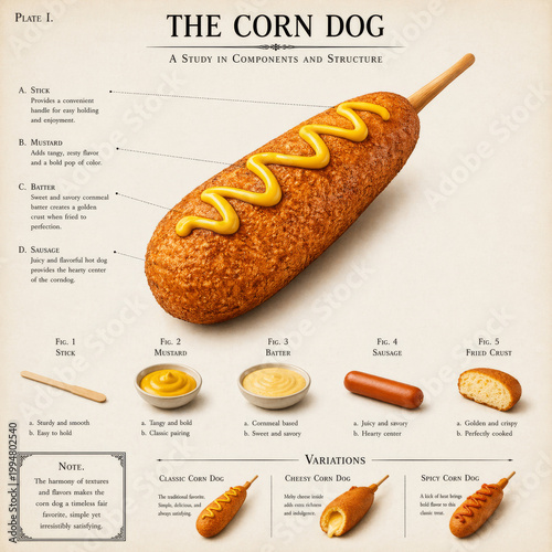  Corn dog con cobertura y salsa con ingredientes explicados en estilo plano,