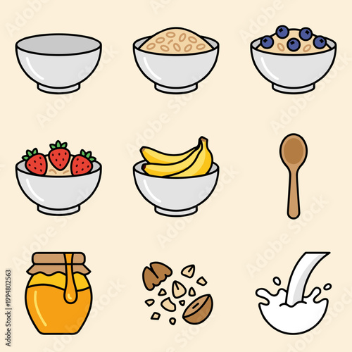Healthy Breakfast Oatmeal Cereal Bowls Set with Fresh Strawberries Blueberries Bananas Honey Jar Nuts Milk Splash and Wooden Spoon Vector Illustration