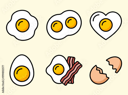 Various Fried and Boiled Egg Cooking Styles Set including Single Double Heart Shape Slices with Bacon and Cracked Eggshells Breakfast Food Vector