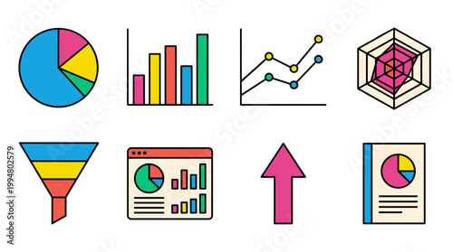 Business Data Analytics Charts and Infographic Icons Set with Pie Chart Bar Graph Line Trend Radar Diagram Funnel and Report Document Vector Symbols