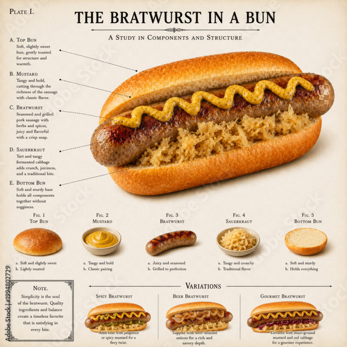  Salchicha bratwurst en pan con mostaza y esquema de ingredientes en estilo plano