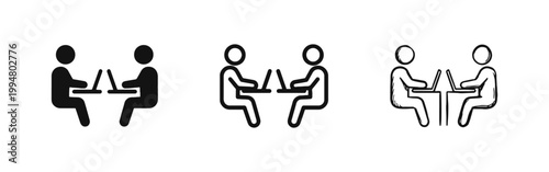 Office coworkers working on laptops icon set in glyph line and hand-drawn doodle vector styles