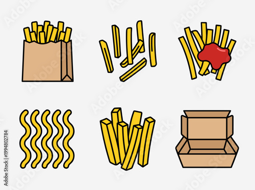 Various French Fries and Fast Food Packaging Set with Paper Bag, Loose Fries, Fries with Ketchup and Empty Cardboard Box Vector Illustration