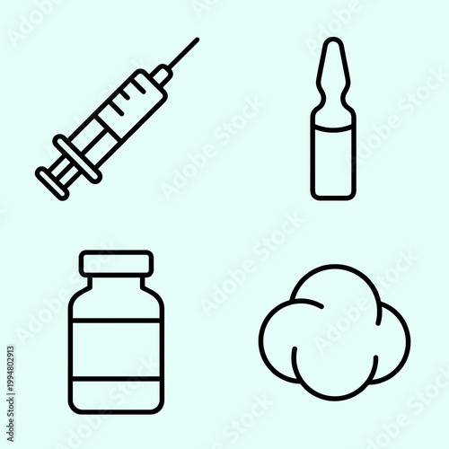 Medical Treatment and Healthcare Icons featuring Syringe Ampoule Medicine Vial and Cotton Swab Ball for Vaccination and First Aid Vector Illustration