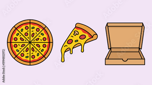 Italian Pizza Fast Food Concept with Whole Pepperoni Pizza Cut into Slices, Single Cheesy Slice with Mushrooms and Open Cardboard Delivery Box