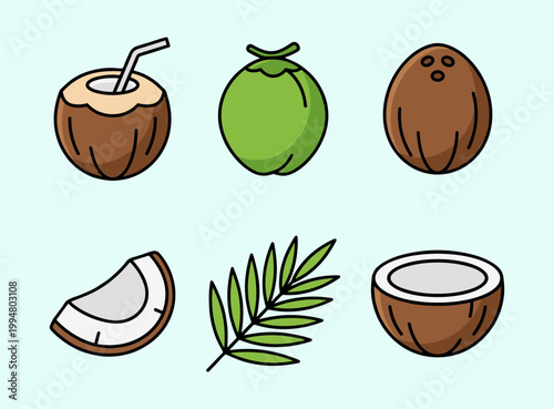 Tropical Coconut Set Featuring Green Young Coconut, Brown Husked Fruit, Sliced Pieces with Straw, Half Shell and Palm Leaf Icons for Summer Drink
