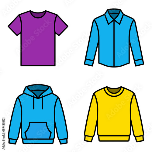 Men and Women Apparel Clothing Set with Purple T-shirt, Blue Long Sleeve Shirt, Blue Hoodie and Yellow Sweatshirt Fashion Icons for Retail Store