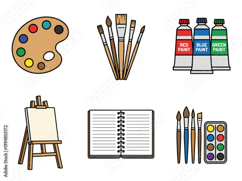 Art Supplies and Painting Equipment Set with Color Palette, Paint Brushes, Tubes of Paint, Canvas Easel, Sketchbook and Watercolor Box Icons Set