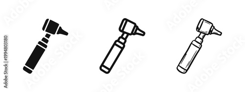 Otoscope medical diagnostic tool icon set for ear examination in glyph outline and hand drawn styles