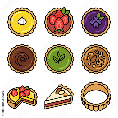 Assorted Gourmet Fruit Tarts and Pastries Set with Lemon, Strawberry, Blueberry, Chocolate, Matcha Green Tea and Nut Toppings Bakery Icons Set