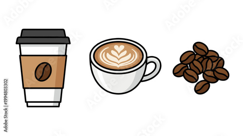Coffee Culture Icons Set Featuring Takeaway Paper Cup, Ceramic Latte Art Cup and Roasted Coffee Beans Vector Illustration for Cafe and Barista Design