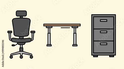 Modern Office Furniture Set Including Ergonomic Desk Chair, Standing Desk and Metal Filing Cabinet Vector Icons for Workspace and Interior Planning