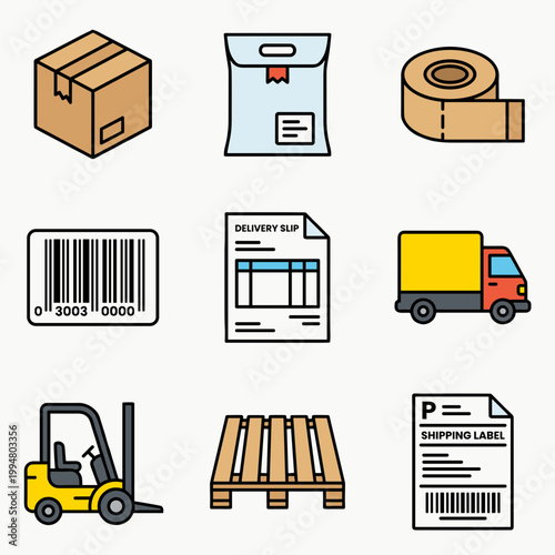 Logistics and Shipping Service Icons Set Including Delivery Truck, Forklift, Box, Pallet, Barcode, Tape, Delivery Slip and Shipping Label Vector Symbols