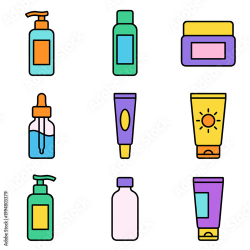 Skincare and Cosmetic Packaging Icons Set, Moisturizer, Serum, Sunscreen, Lotion and Beauty Product Bottles Isolated on White Background for Daily Facial Skin Care Routine and Body Treatment Vector