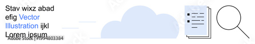 Cloud computing, data storage, digital organization, file management, technology, information search. A blue cloud, document and magnifying glass icon. Cloud computing and data storage concept