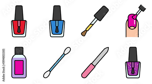 Manicure and Nail Polish Beauty Icons Set, Varnish Bottles, Cotton Swab, Nail File, Buffer and Professional Salon Tools Isolated on White Background for Hand Care and Cosmetic Nail Art Design Vector