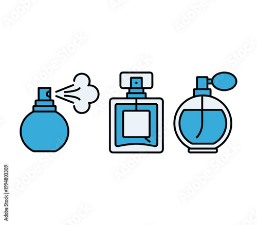 Fragrance and Perfume Glass Bottles Icons Set, Scent Spray, Cologne and Luxury Aroma Mist Sprayer Isolated on White Background for Beauty, Fashion, Personal Grooming and Cosmetic Product Design Vector
