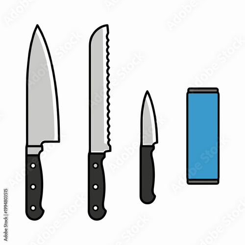 Kitchen Knife Set and Sharpening Stone Icons with Chef Knife, Bread Knife and Paring Knife, Professional Stainless Steel Tools Vector Symbols