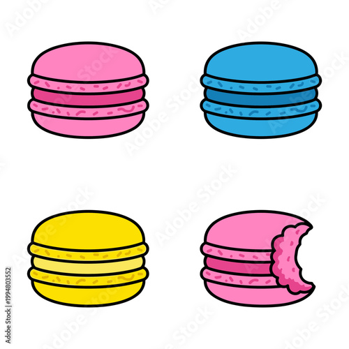 Colorful Sweet Macaron Cookies Icons Set with Pink, Blue and Yellow Flavors, Delicious French Dessert Pastry Vector Symbols Isolated on White