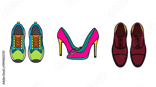 Footwear Collection Icons with Athletic Sneakers High Heels and Formal Leather Shoes Isolated on White Background for Fashion and Lifestyle