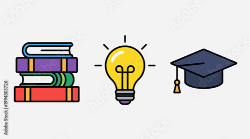 Education and Knowledge Icons Set with Stack of Books Lightbulb Idea and Graduation Cap Symbols Isolated on White Background for Learning