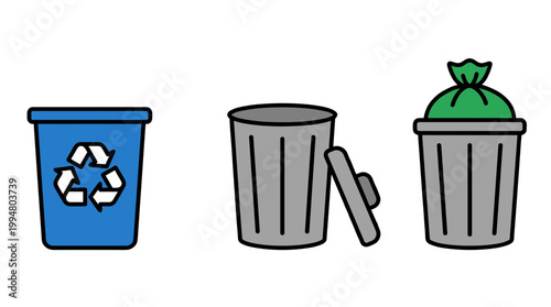 Waste Management and Recycling Bin Icons Set with Blue Recycle Can and Gray Trash Containers with Garbage Bags for Environmental Protection Design
