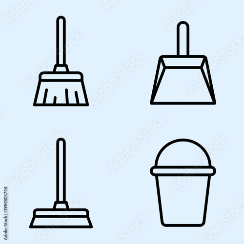 Household Cleaning Tools Line Icons Set Featuring Broom, Dustpan, Mop and Water Bucket Symbols for Housework, Hygiene and Janitorial Services Vector