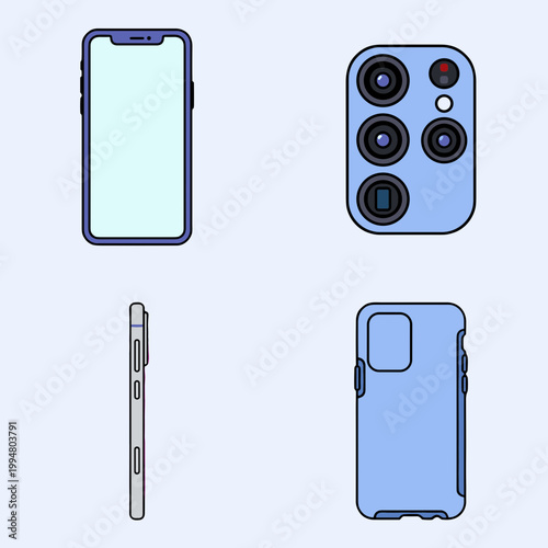 Modern Smartphone Device Icons Set with Front View, Rear Camera Lens Module, Side Profile and Protective Case for Technology and Communication Design