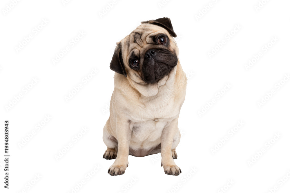 Obraz premium Cute pug dog sitting and looking forward with an expressive face, isolated on white background, perfect for pet, lifestyle, and animal-themed projects.